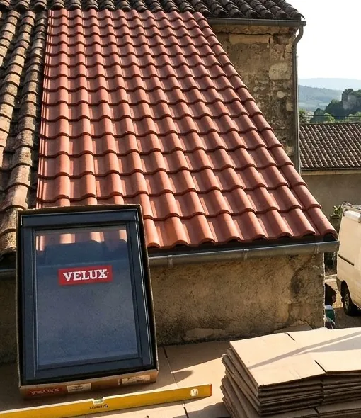 Fenêtre de toit Velux neuve posée au pied d'une toiture en tuiles canal en cours de rénovation à Crest