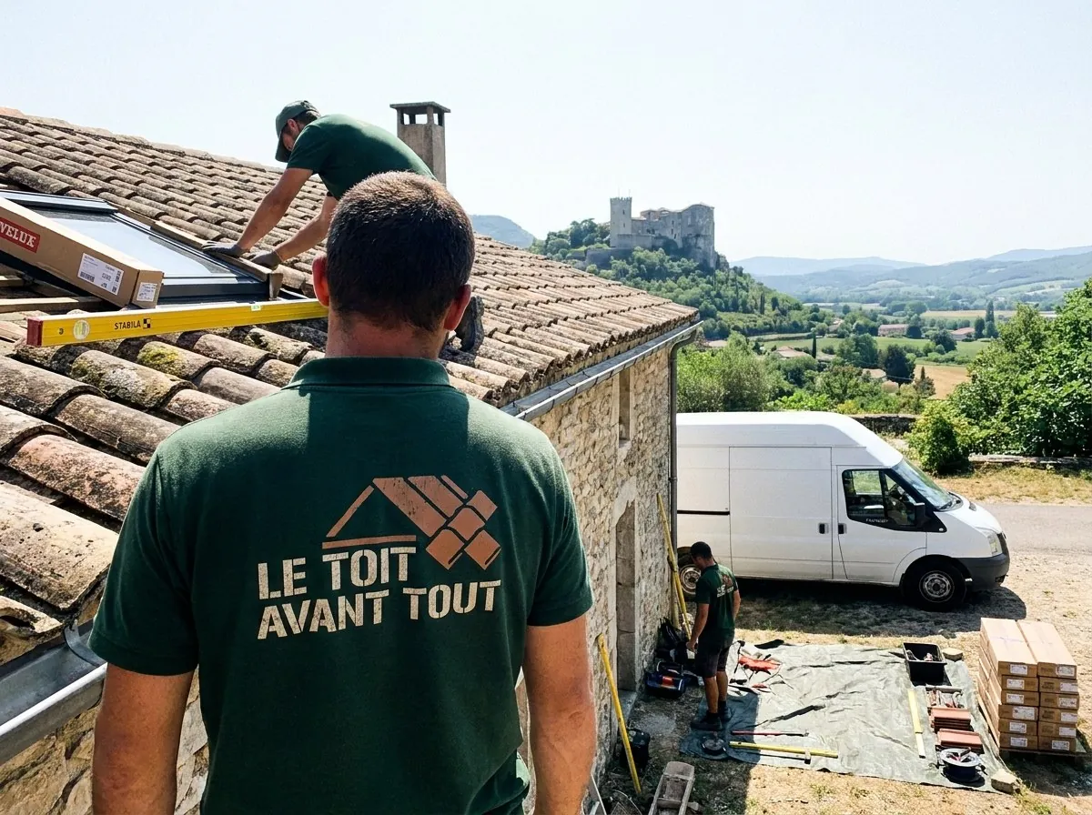 Couvreurs Le toit avant tout posant une fenêtre de toit Velux sur une toiture en tuiles canal à Crest, la tour de Crest en arrière-plan