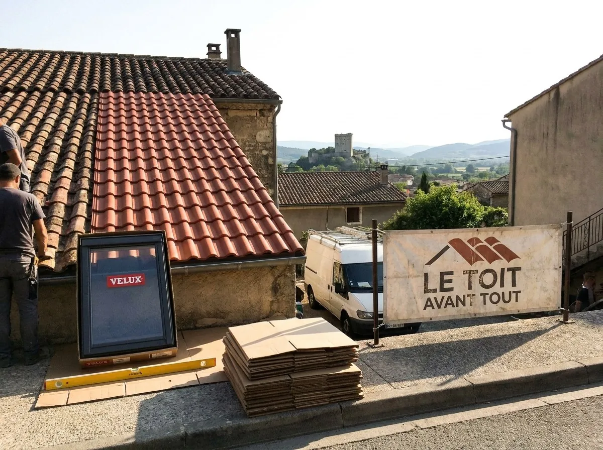 Toiture en tuiles canal en partie refaite à Crest, fenêtre de toit Velux prête à poser et bâche Le toit avant tout, tour de Crest au loin